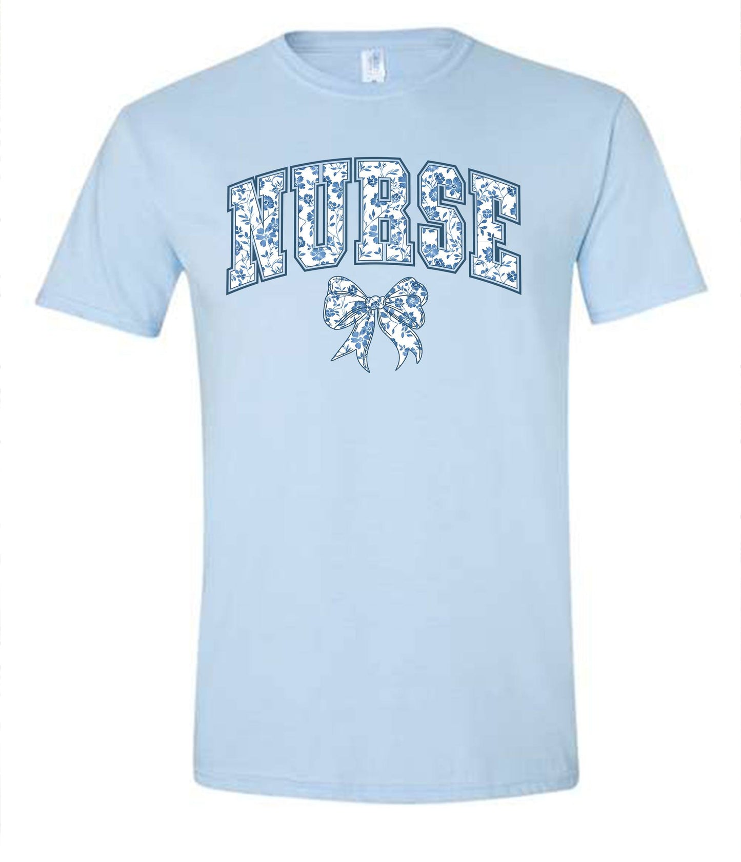 blue floral nurse with bow tee