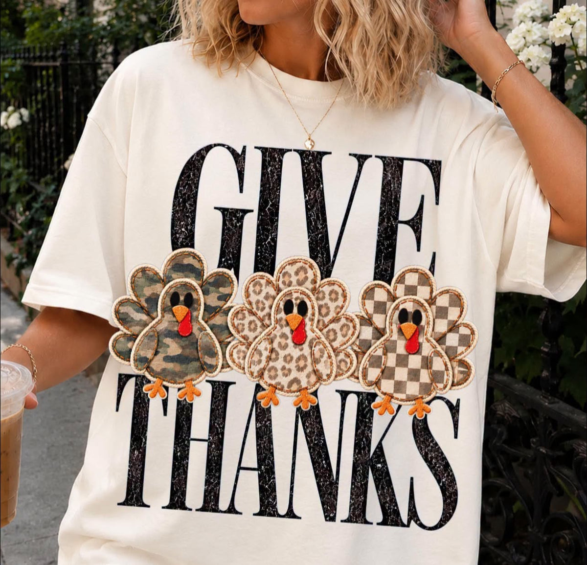 Give thanks with a camo, leopard, and checkered turkeys tee