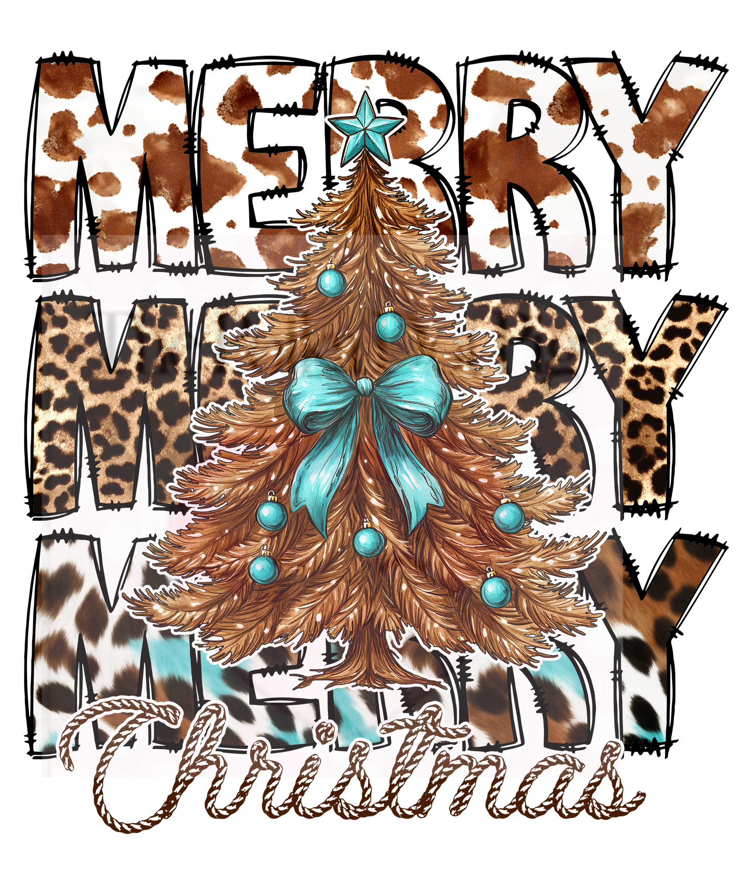 Western Merry Christmas Repeating with Christmas Tree with Turquoise Print only