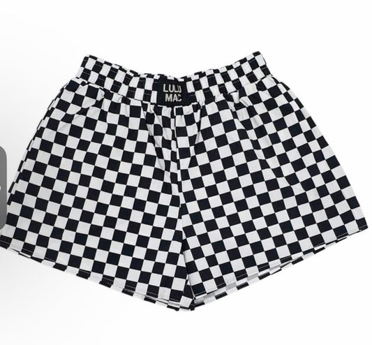 Black and white check shorts