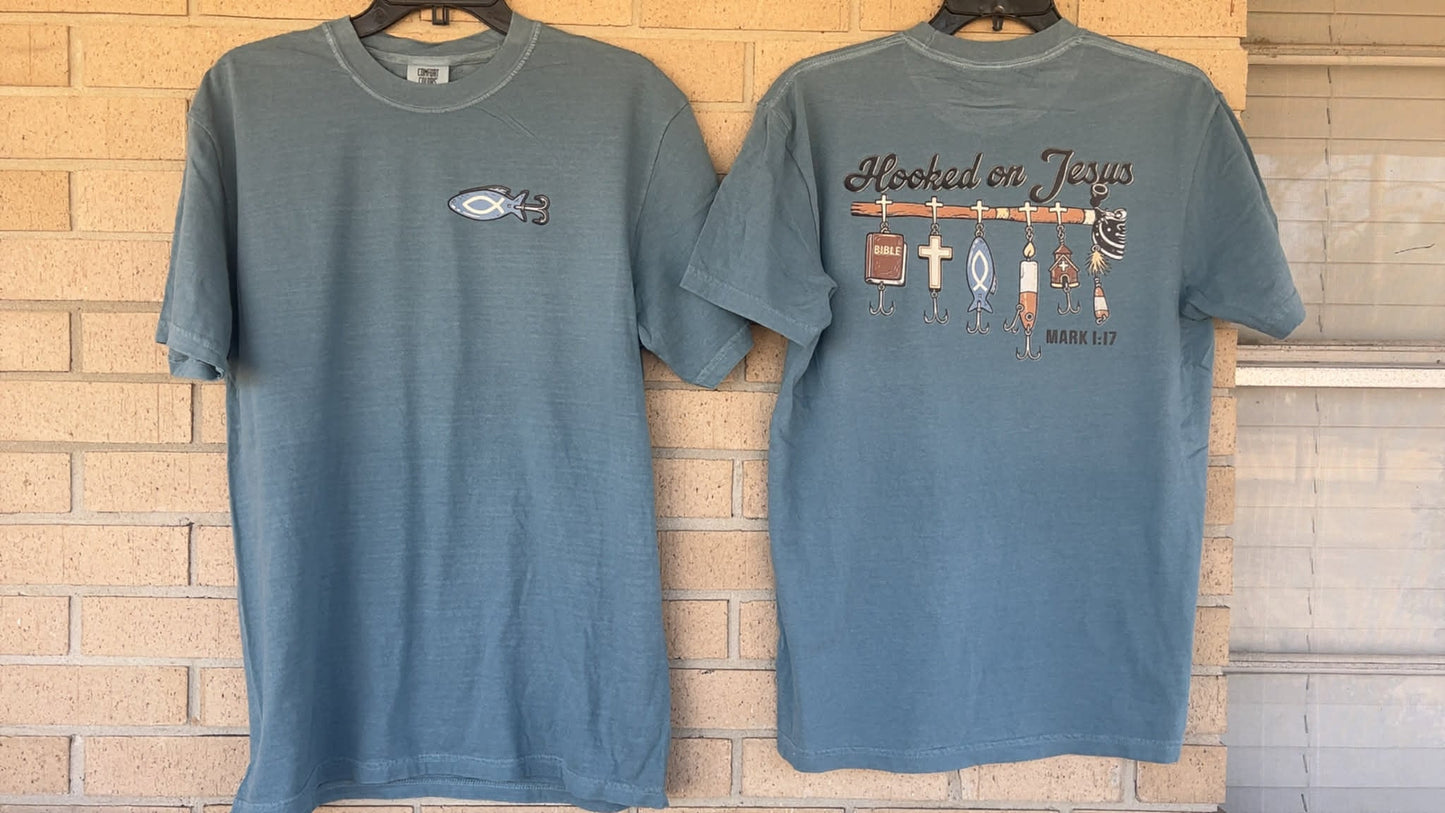hooked on Jesus Mark 1:17 with fishing lures tee