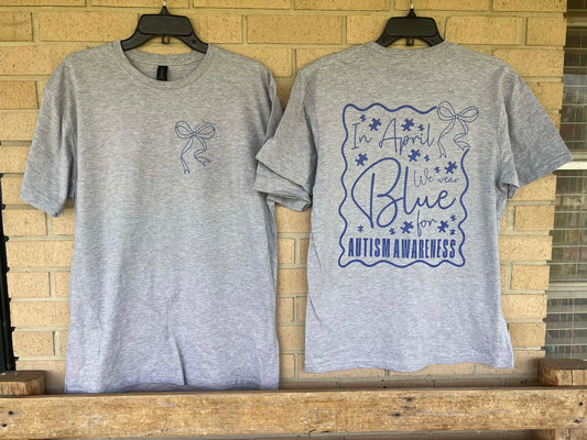 In April we wear blue dainty bow pocket tee