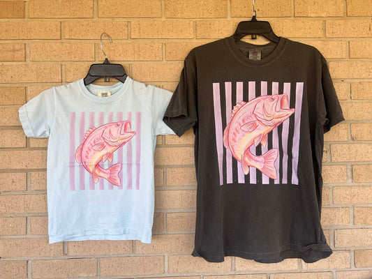 Pink bass with stripped background tee