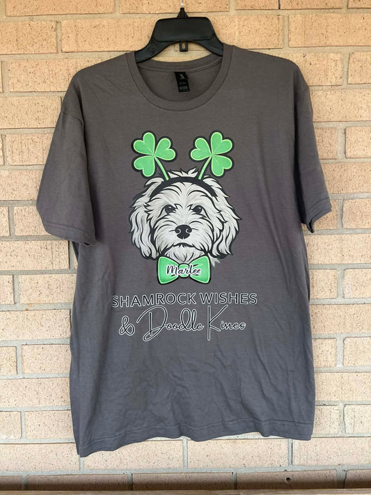 Custom name Shamrock wishes & doodle kisses tee