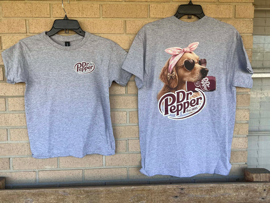 Dr pepper golden retriever with bow tee