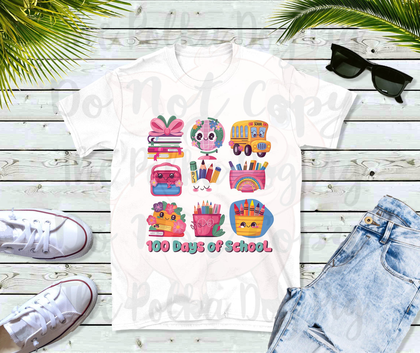 9 image 100 days of school with school bus, globe, flowers, pens, and pencils tee