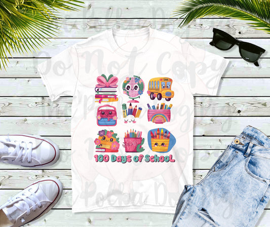 9 image 100 days of school with school bus, globe, flowers, pens, and pencils tee
