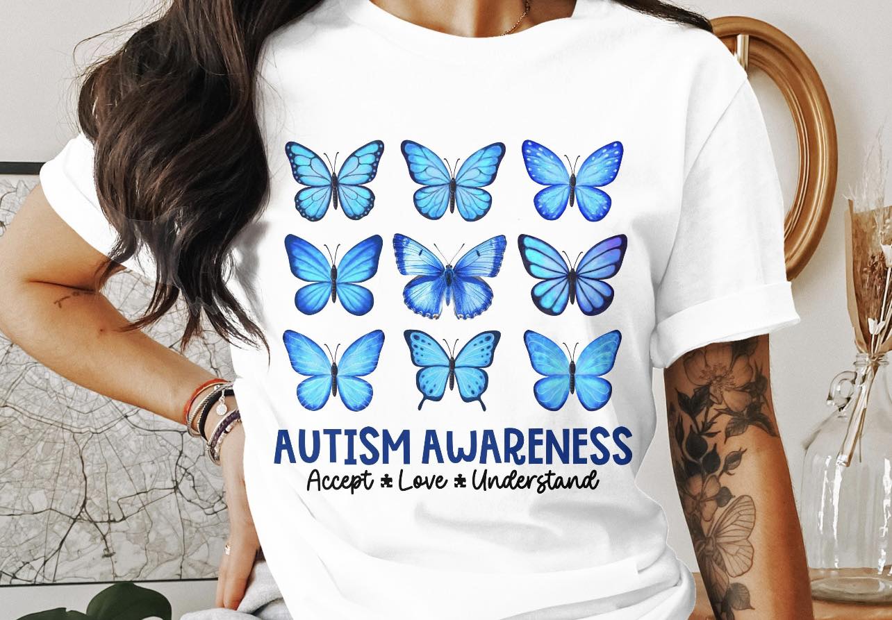 Blue butterflies autism awarenesses shirt