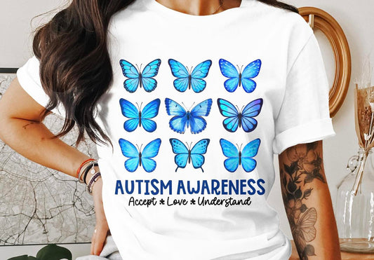 Blue butterflies autism awarenesses shirt