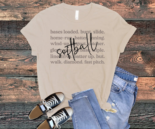 Softball typewriter style words tee