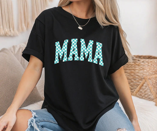blue checkered mama tee