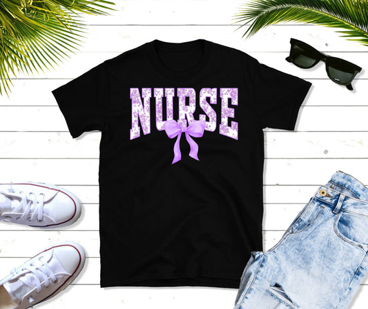 purple floral nurse bow tee