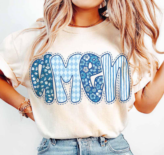 Blue pattern Amen tees