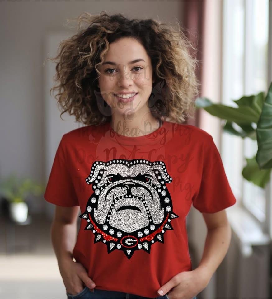 Faux rhinestone Georgia Bull dog head tee