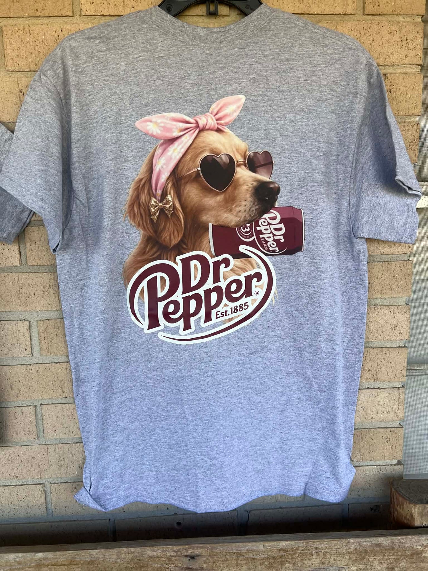 Dr pepper golden retriever with bow tee