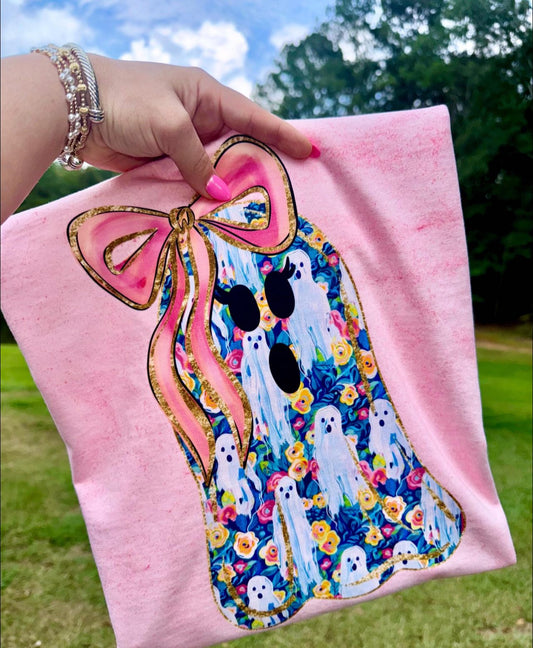 floral ghost with pink bow tee