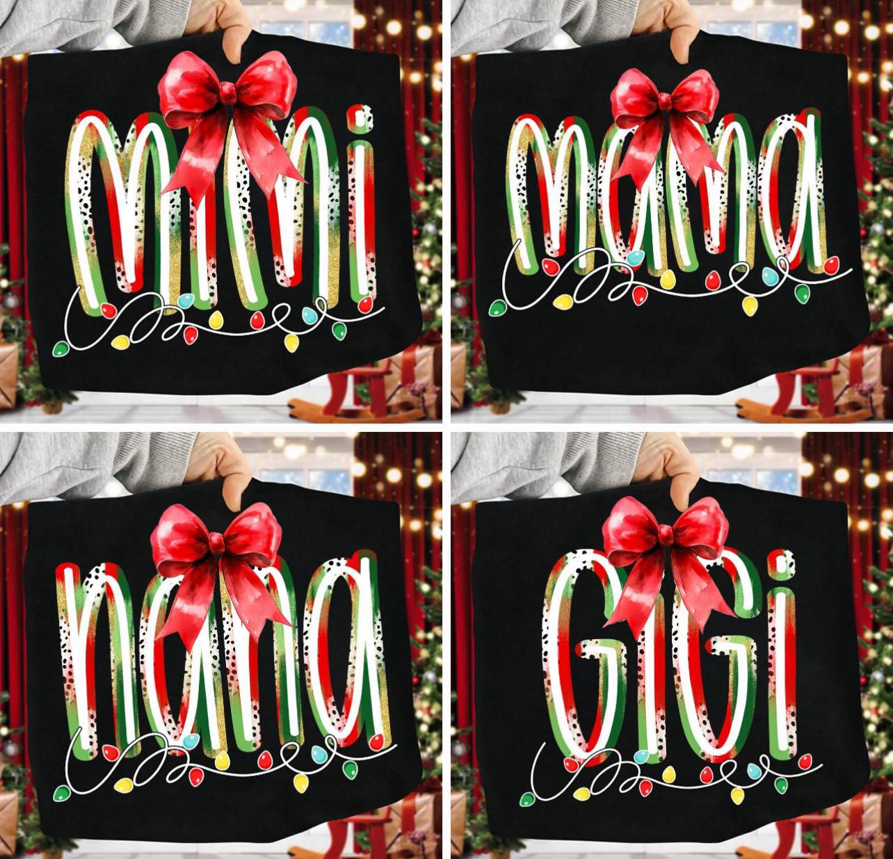 Bows and lights with Mimi Mama Nana or Gigi tee