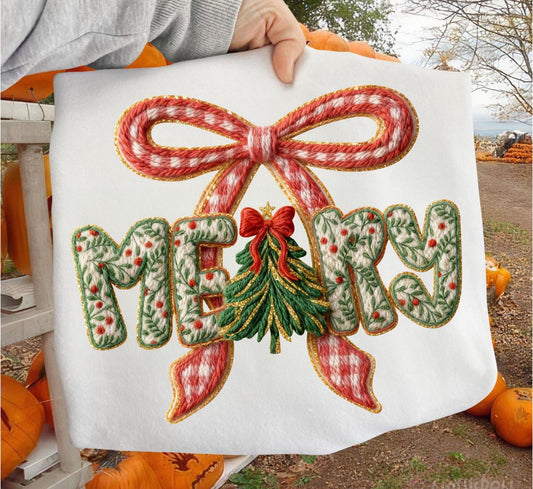 Faux yarn merry tee with check bow