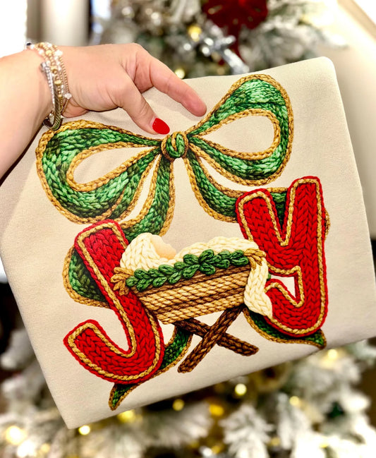 Faux yarn Joy with manger scene tee