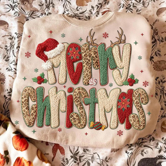 Faux latch hook Merry Christmas tee