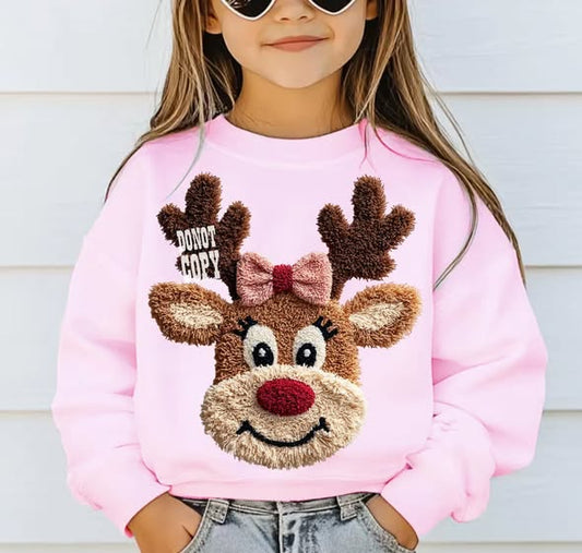 girl reindeer faux yarn look tee
