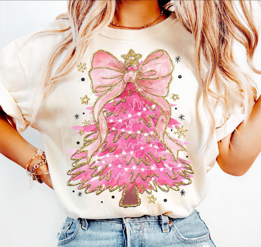 Pink and gold glitter Christmas tree tee