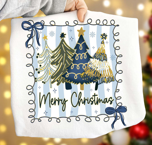 Blue and white tree merry Christmas tee