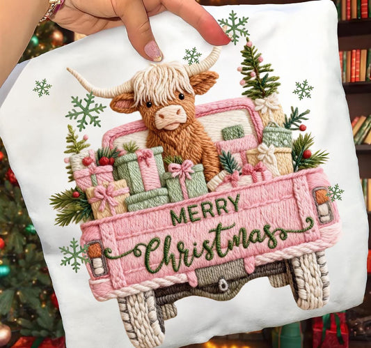Faux yarn highland cow and truck tee