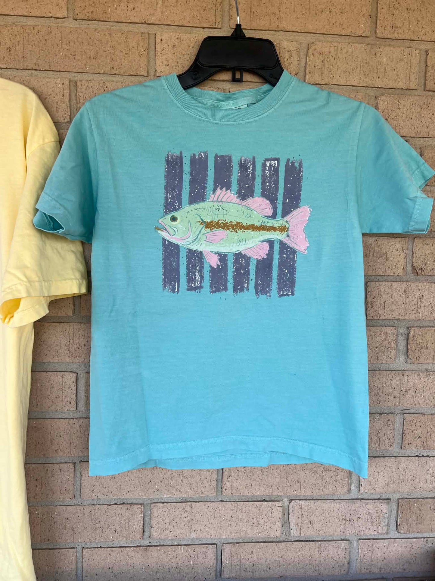 bass with blue stripped background tee