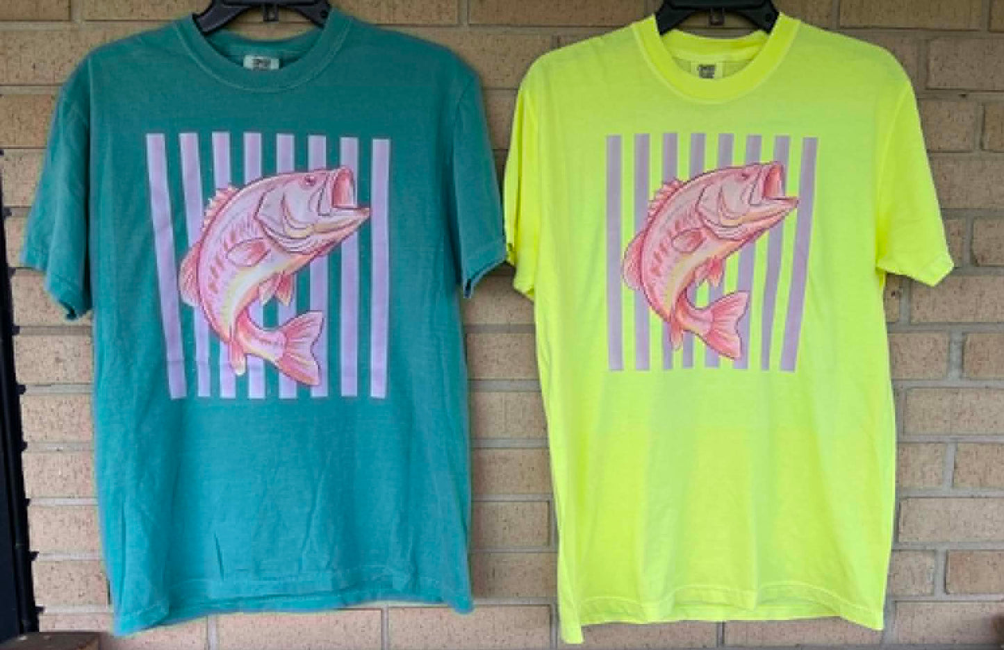 Pink bass with stripped background tee