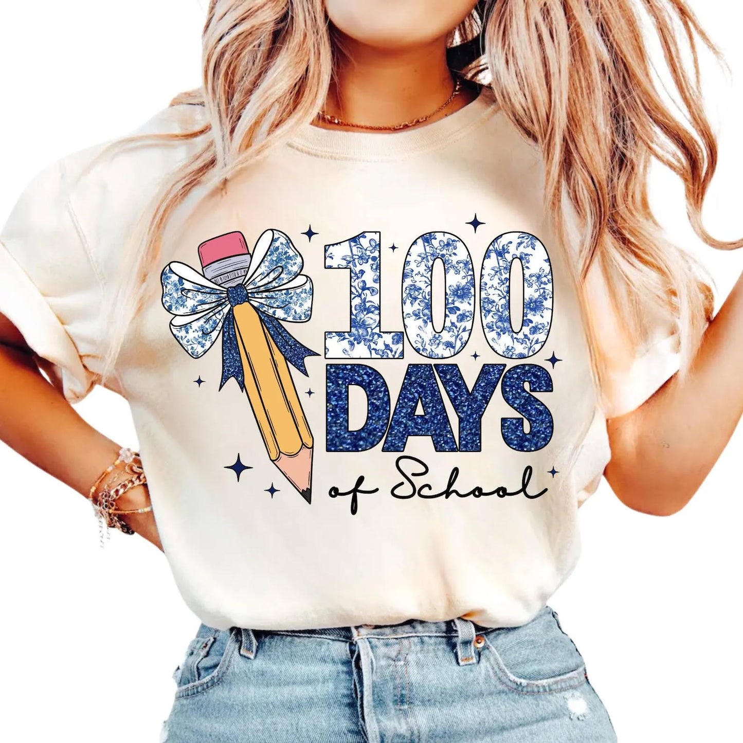 Blue and white floral 100 days of school tee