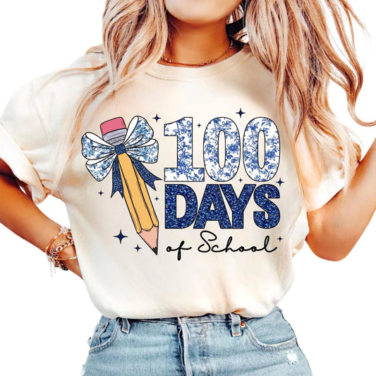 Blue and white floral 100 days of school tee