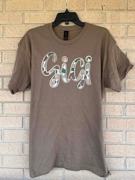 camo with gold outline Gigi tee