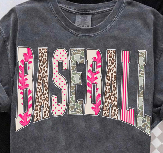 multi pattern baseball tee