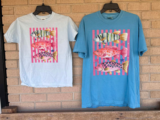 Preppy three fish with stripped background tee