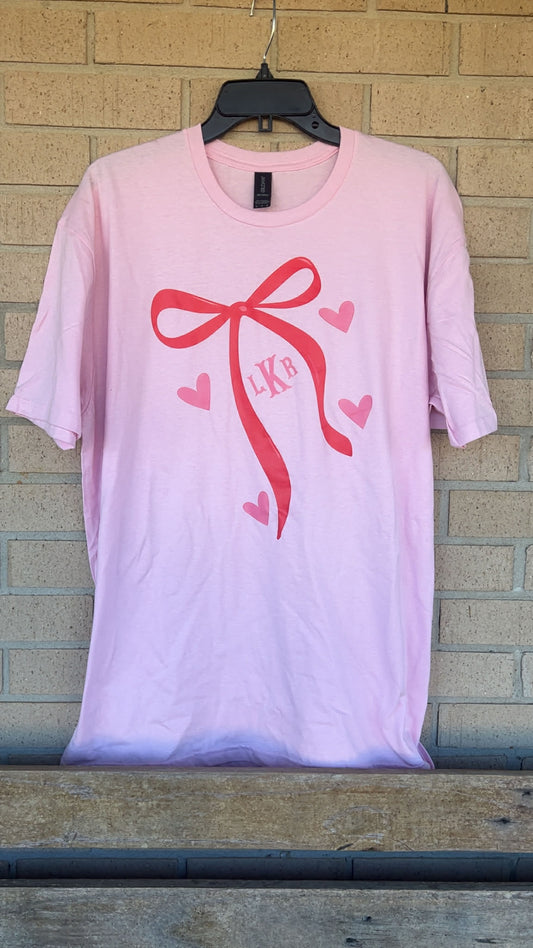 red dainty bow with monogram initial tee