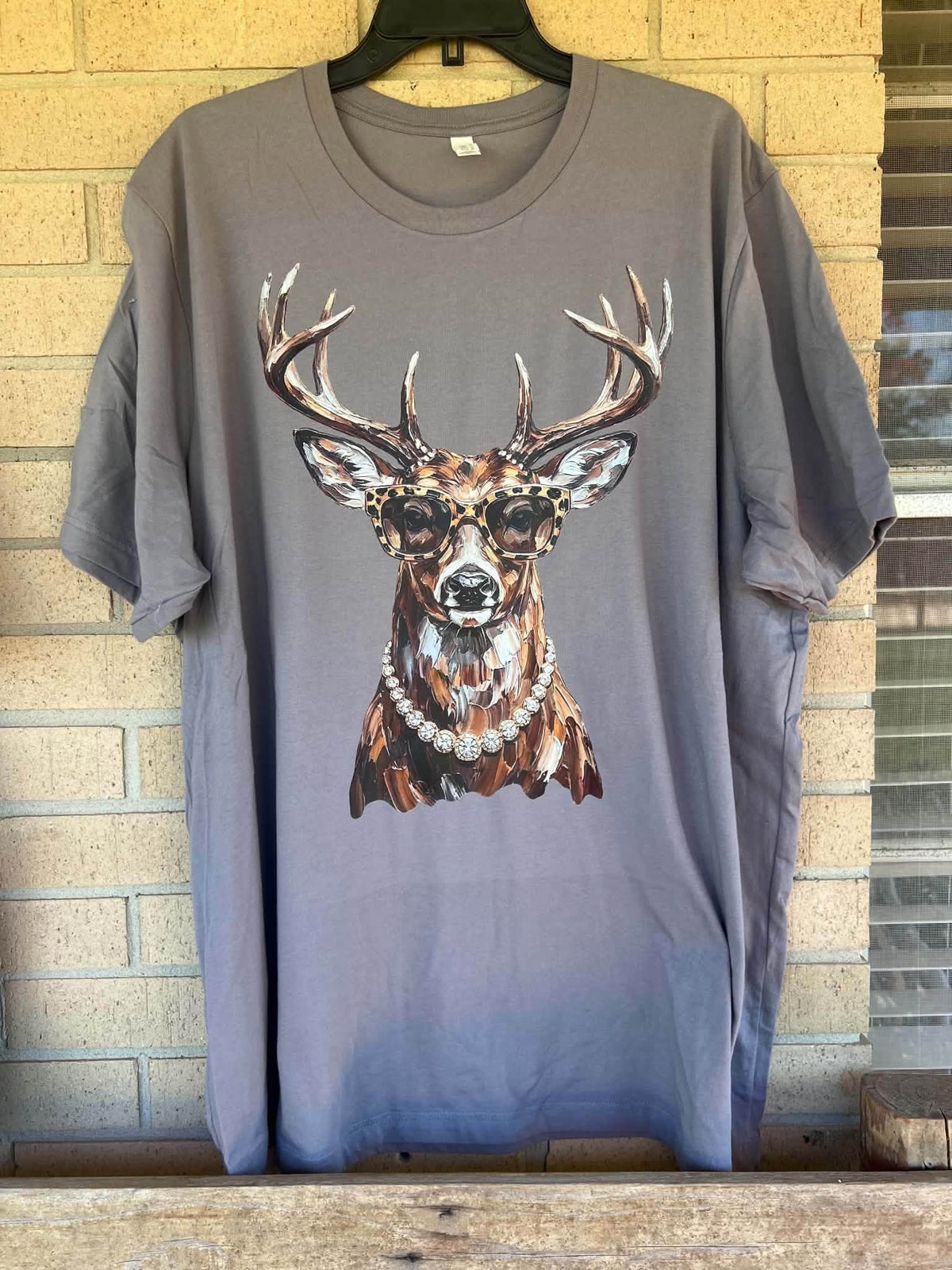 deer with cheetah glasses and diamond necklace tee