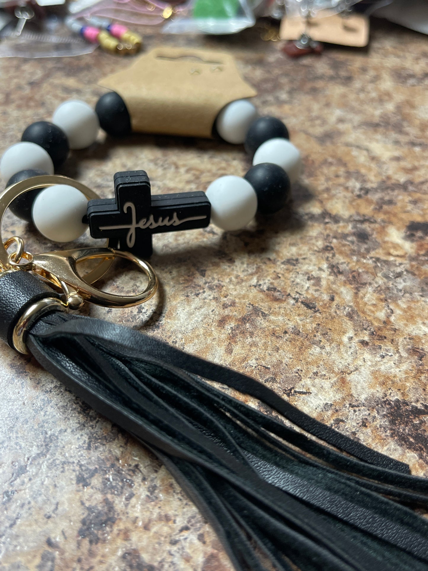 Black and white Jesus wristlet bracelet keychain