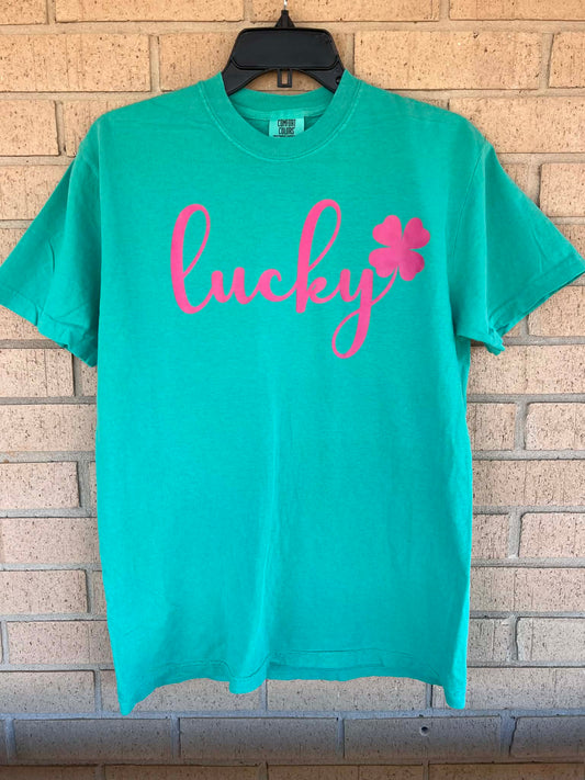 hot pink lucky with a four-leaf clover tee