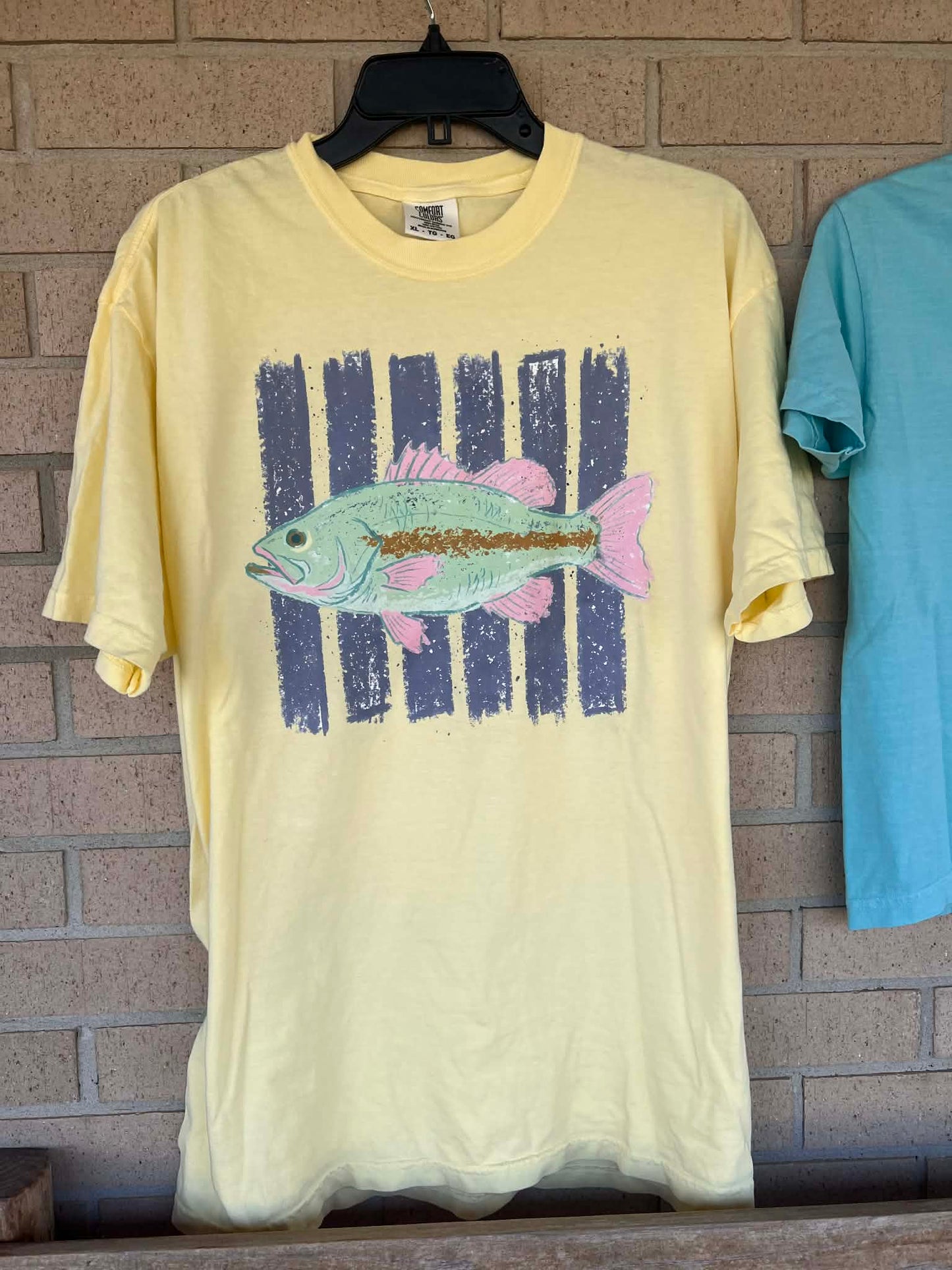 bass with blue stripped background tee