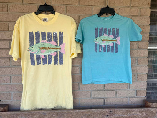 bass with blue stripped background tee