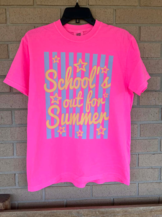 schools out for summer yellow letters and blue stripes tee