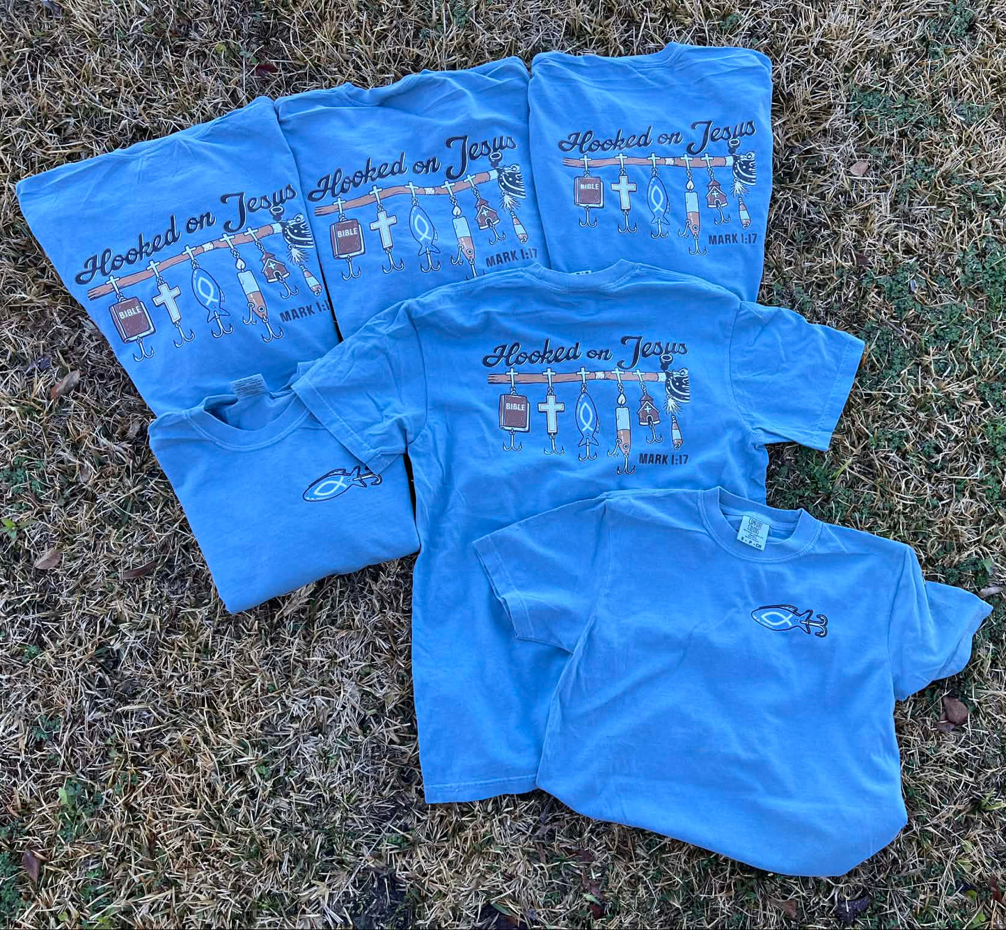 hooked on Jesus Mark 1:17 with fishing lures tee
