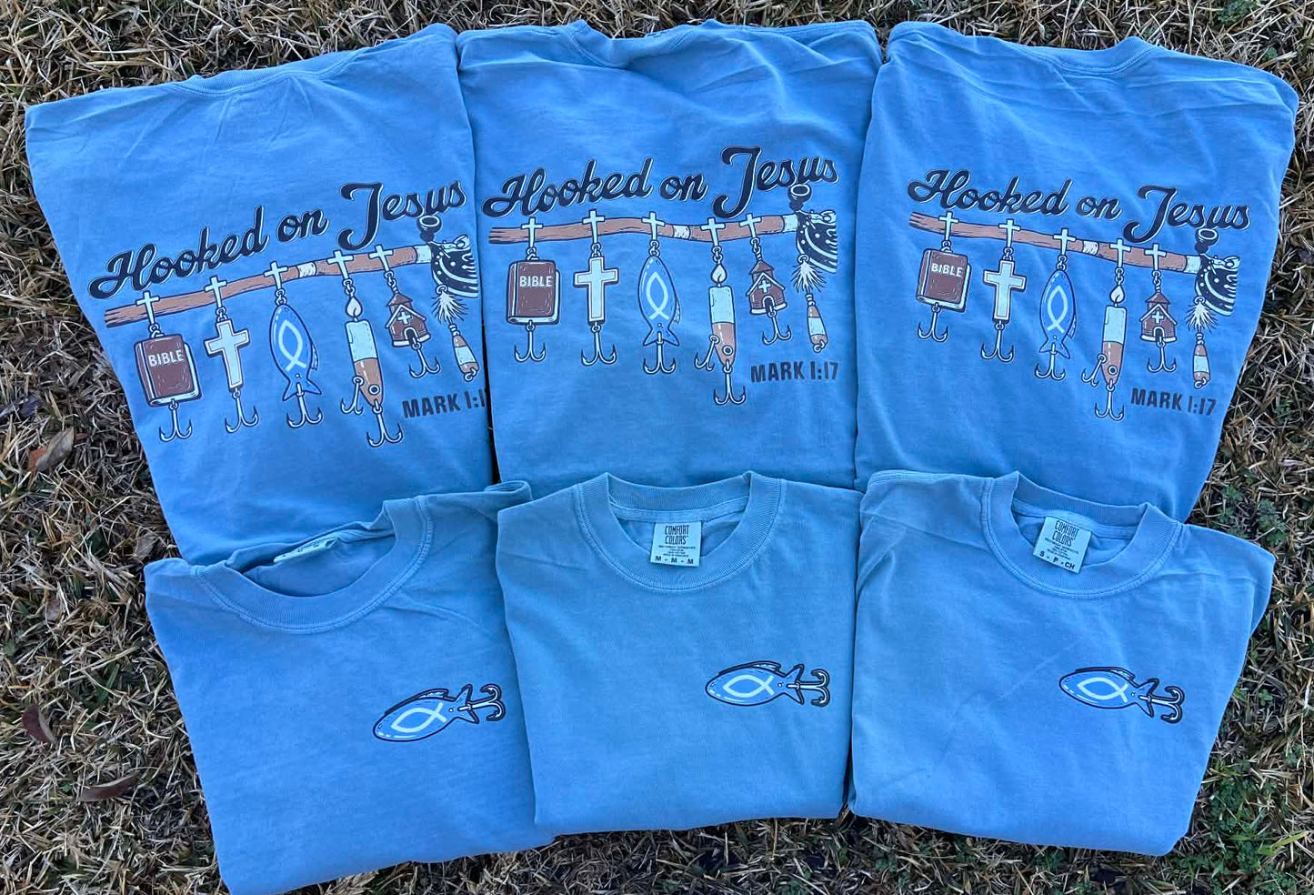 hooked on Jesus Mark 1:17 with fishing lures tee