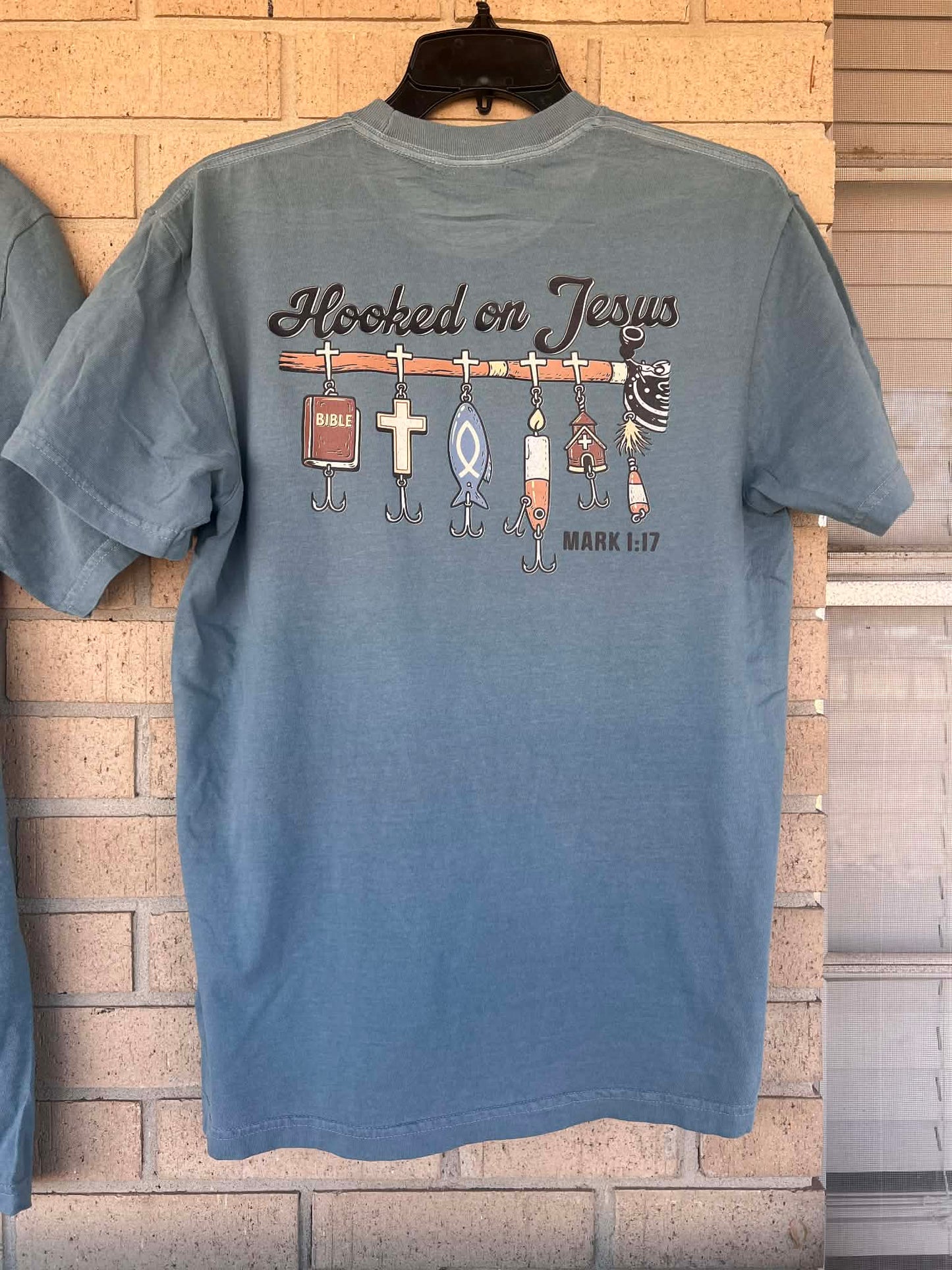 hooked on Jesus Mark 1:17 with fishing lures tee