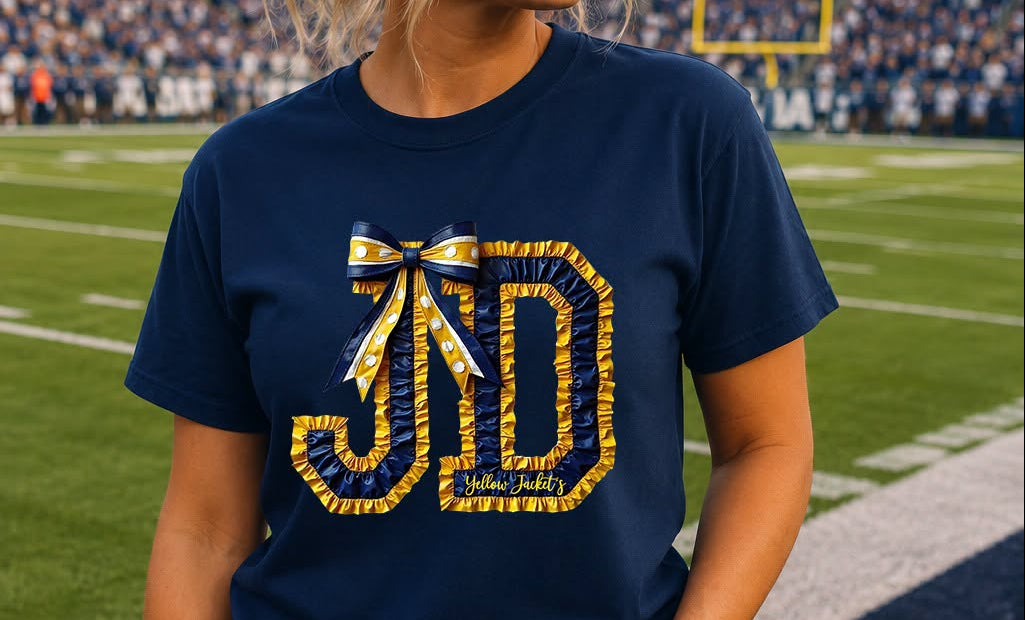 JD ruffle with bow and gold outline jeff Davis yellow jackets tee