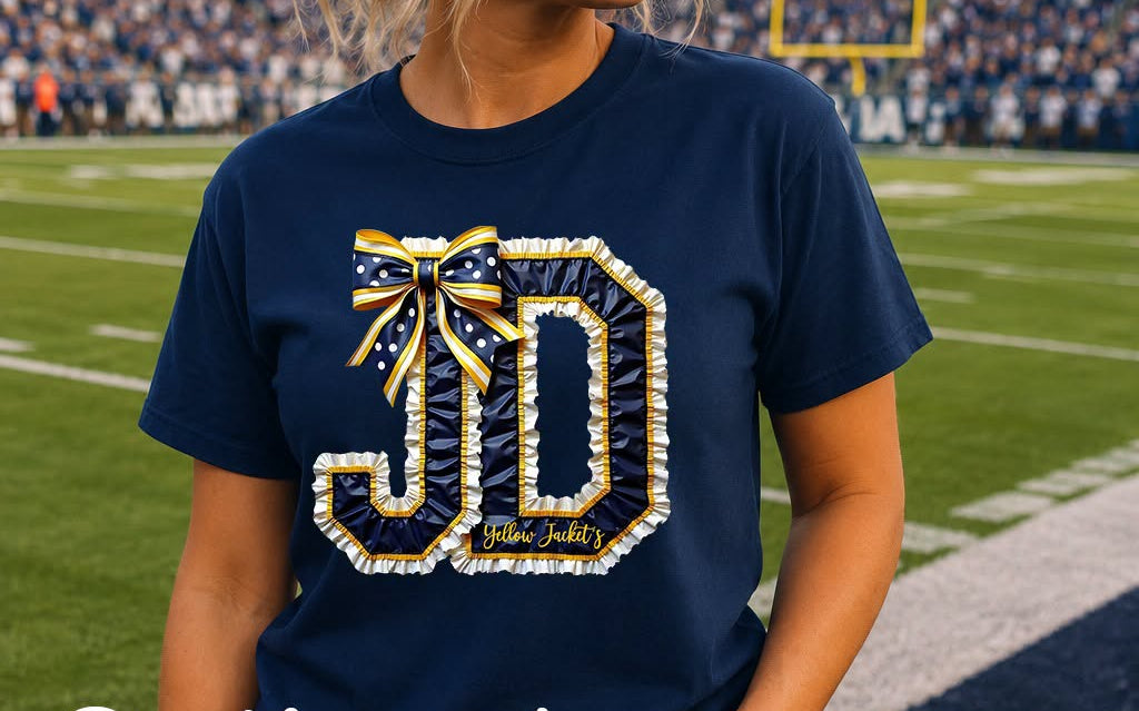 JD ruffle with bow and white outline jeff Davis yellow jackets tee