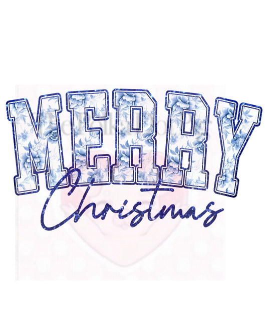 Blue floral and glitter merry christmas print only