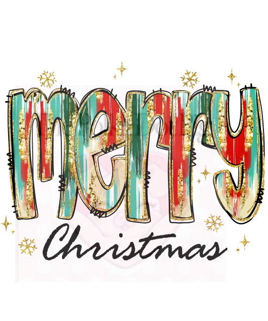 Colorful Painted Merry Christmas with gold snowflakes and glitter print only